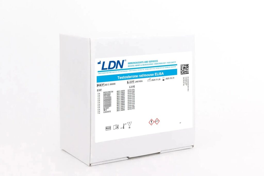 LDN Testosterone rat/mouse ELISA kit box, reference AR E-8000R, designed for animal hormone analysis.