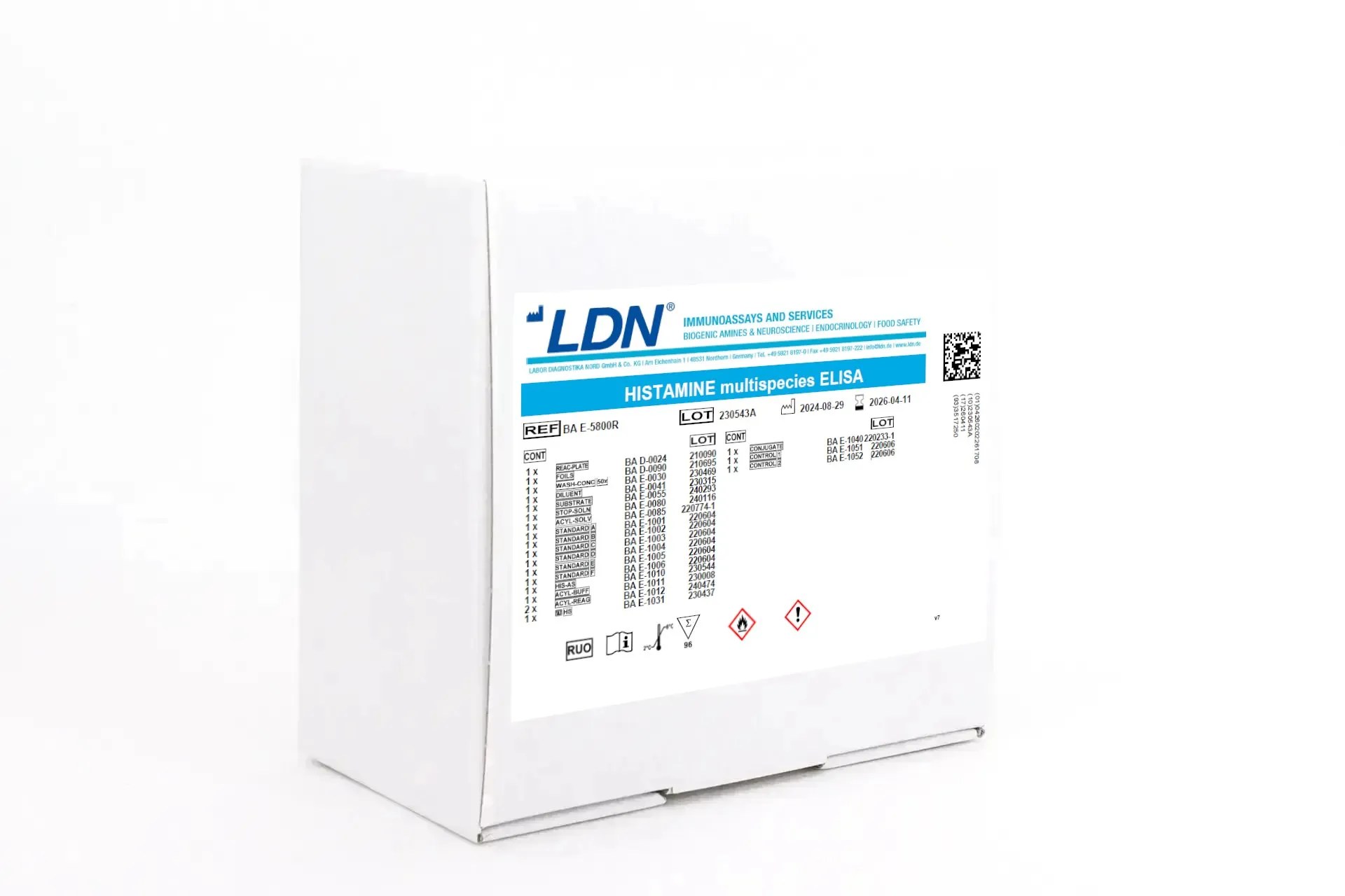 LDN Histamine multispecies ELISA kit box, reference BA E-5800R, designed for testing across various species.