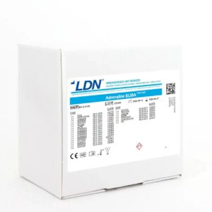 LDN Adrenaline ELISA Fast Track kit box, reference BA E-6100, including kit contents and lot data.