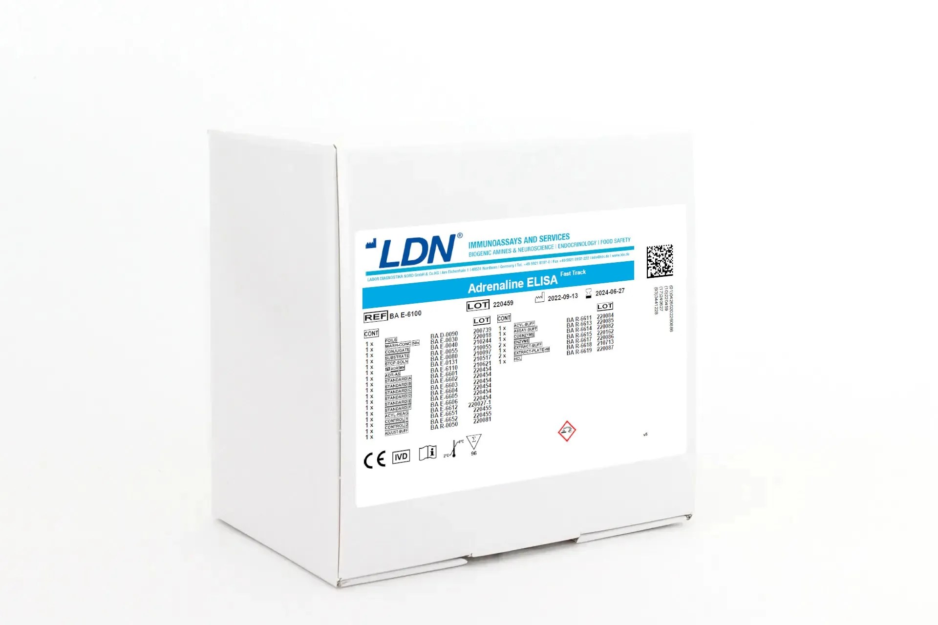 LDN Adrenaline ELISA Fast Track kit box, reference BA E-6100, including kit contents and lot data.