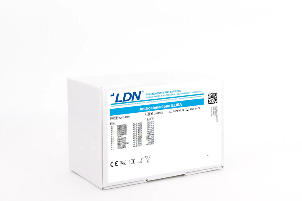 ELISA kit box for measuring androstenedione, a steroid hormone, by LDN. Includes contents table, reference code, and safety icons.