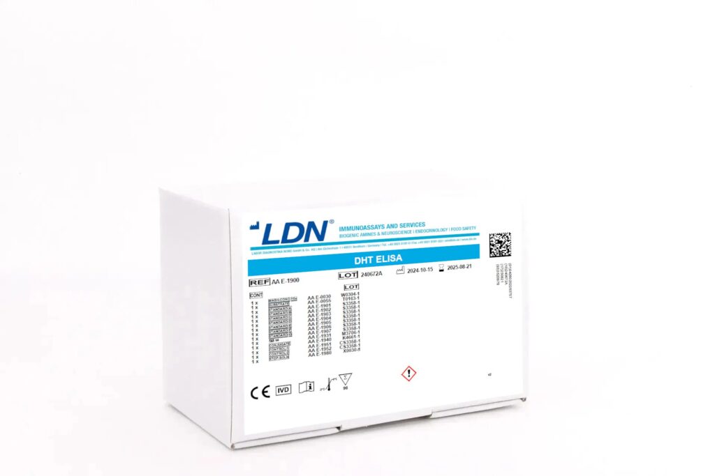 White LDN kit box labeled "DHT ELISA", used for dihydrotestosterone quantification. Includes clear lot, expiry, and CE/IVD labeling.