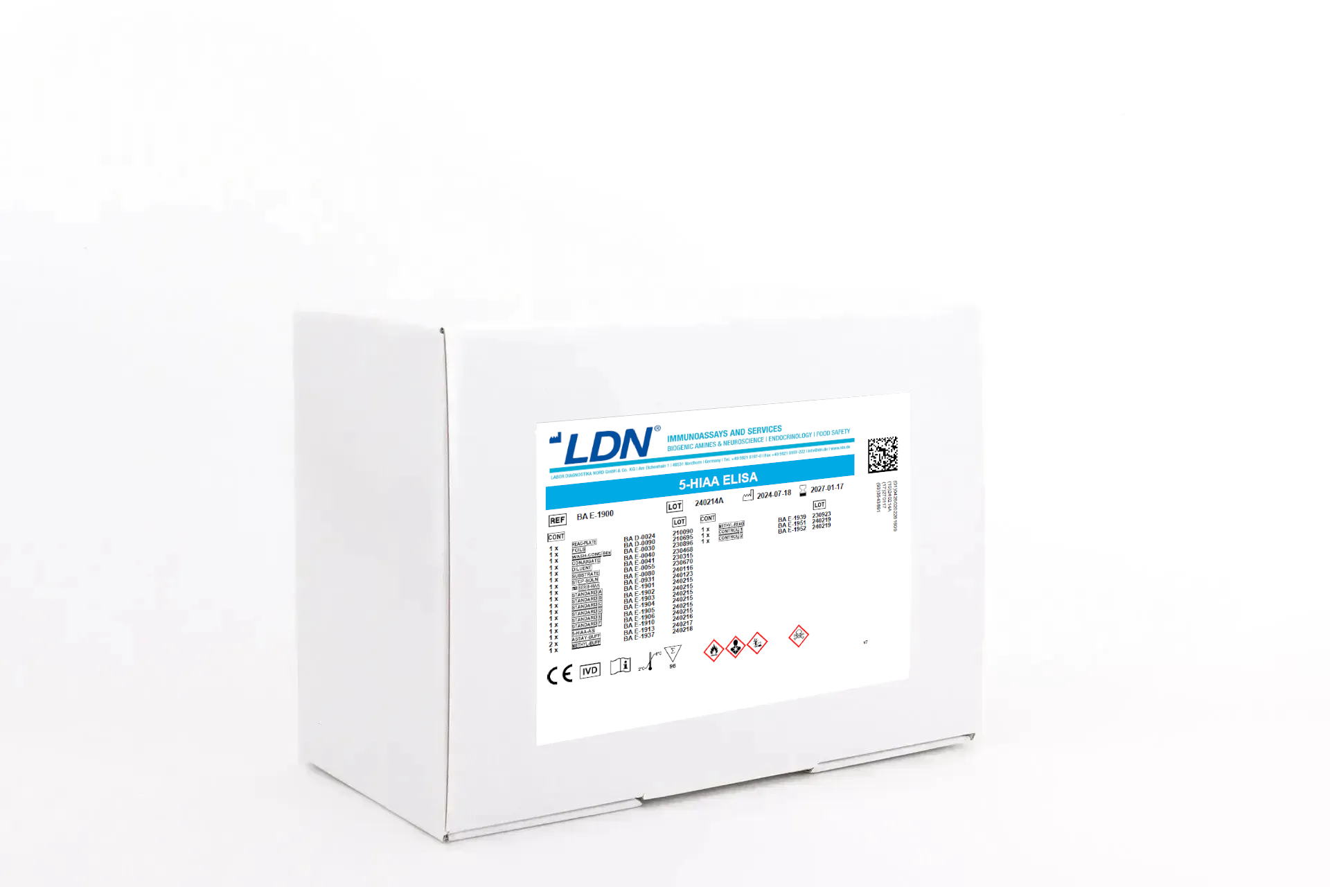LDN 5-HIAA ELISA kit used for the detection of 5-hydroxyindoleacetic acid in clinical studies. Label includes detailed content list and multiple safety warnings.