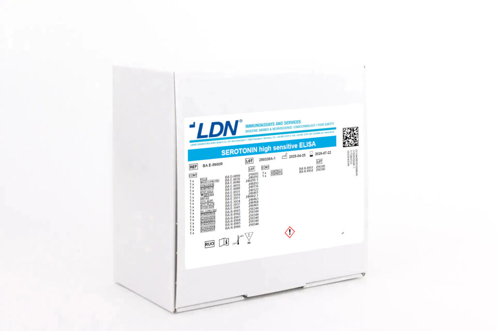 LDN Serotonin high sensitive ELISA kit for the quantitative determination of serotonin in research samples. White box with detailed labeling including lot numbers, expiration dates, and hazard symbols.