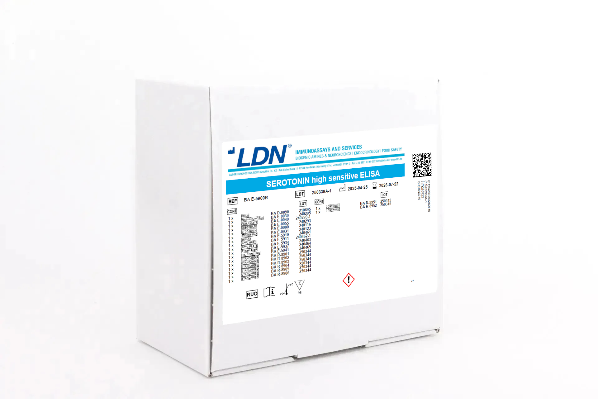 LDN Serotonin high sensitive ELISA kit for the quantitative determination of serotonin in research samples. White box with detailed labeling including lot numbers, expiration dates, and hazard symbols.