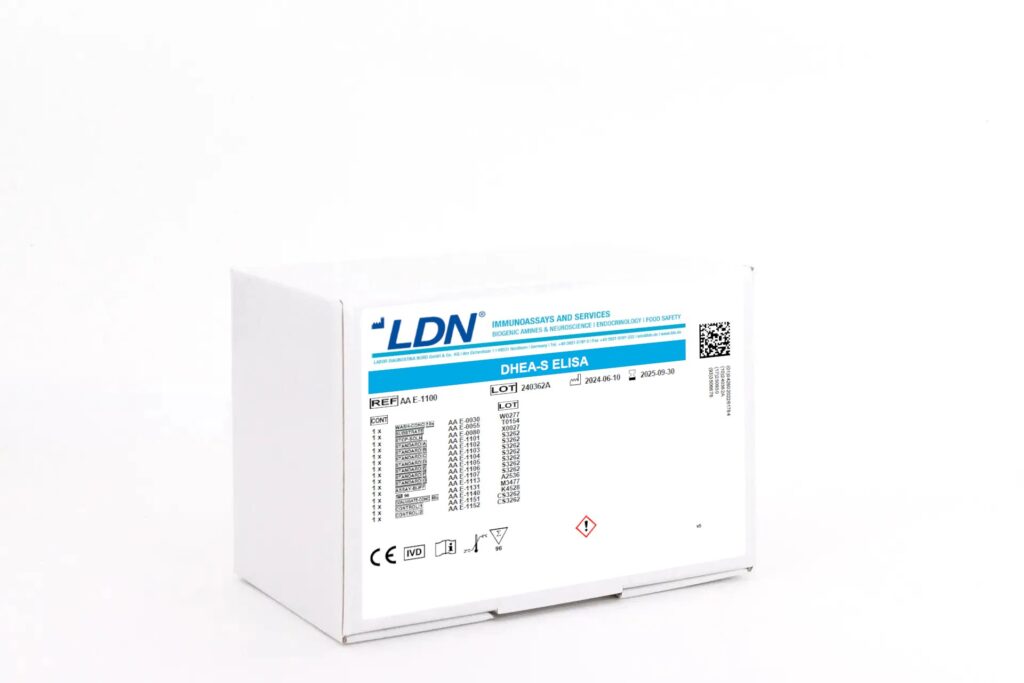 LDN DHEA-S ELISA kit box, reference AA E-1100, for dehydroepiandrosterone sulfate testing.