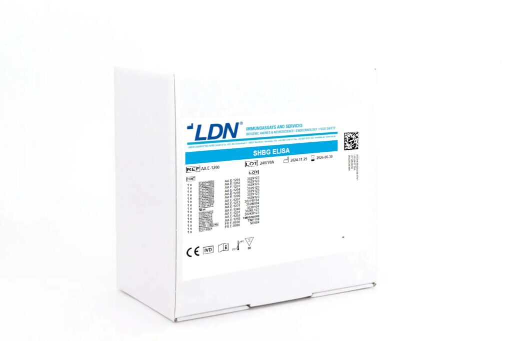 White diagnostic kit box labeled "SHBG ELISA", used for quantifying sex hormone-binding globulin (SHBG) in biological samples. Includes CE and IVD symbols.
