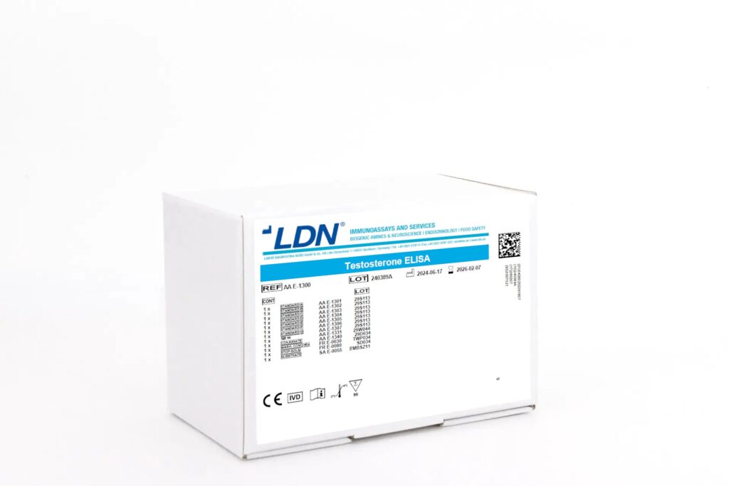 Diagnostic kit box for LDN Testosterone ELISA, used to measure testosterone levels. Features lot number and expiration date, with a clear label for laboratory use.