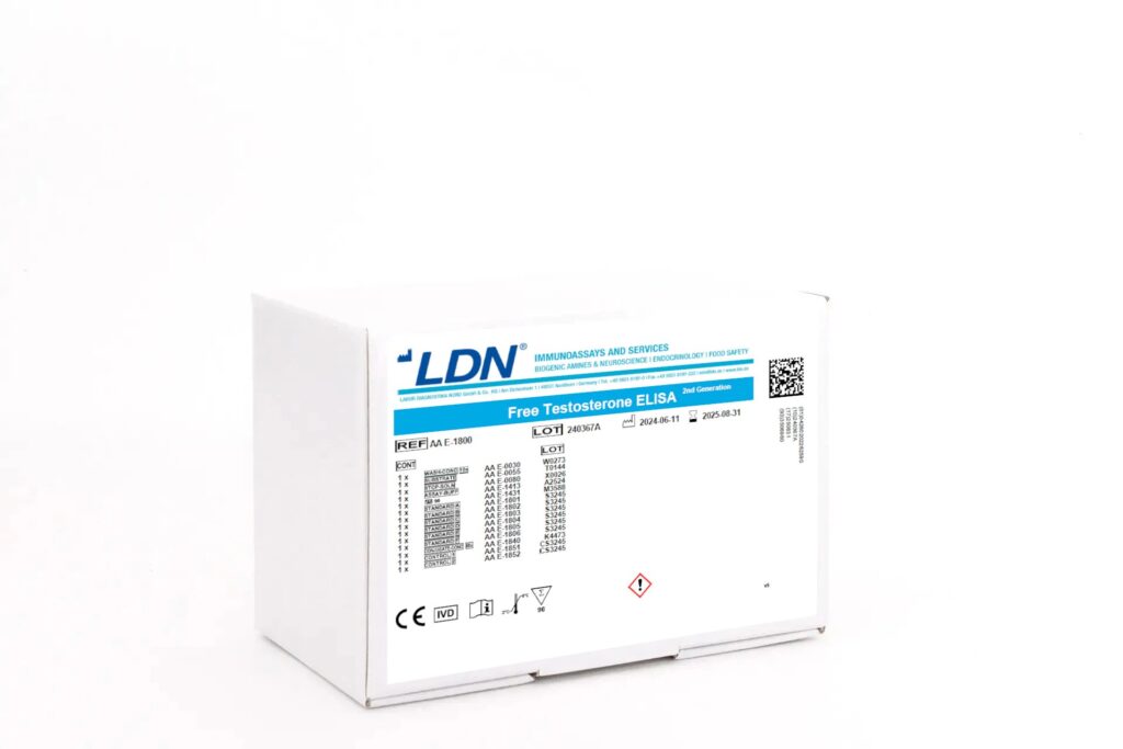 ELISA kit box labeled "Free Testosterone ELISA, 2nd Generation", used for analyzing unbound testosterone. Comes with quality and safety labeling.