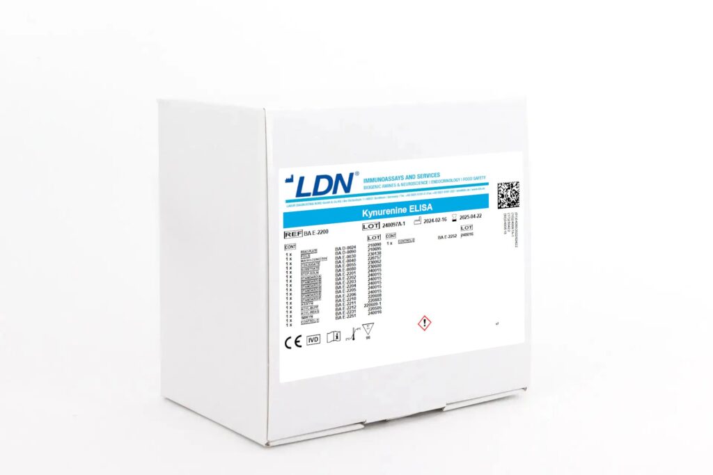 White LDN-branded box labeled “Kynurenine ELISA” for quantitative determination of kynurenine using ELISA technology.