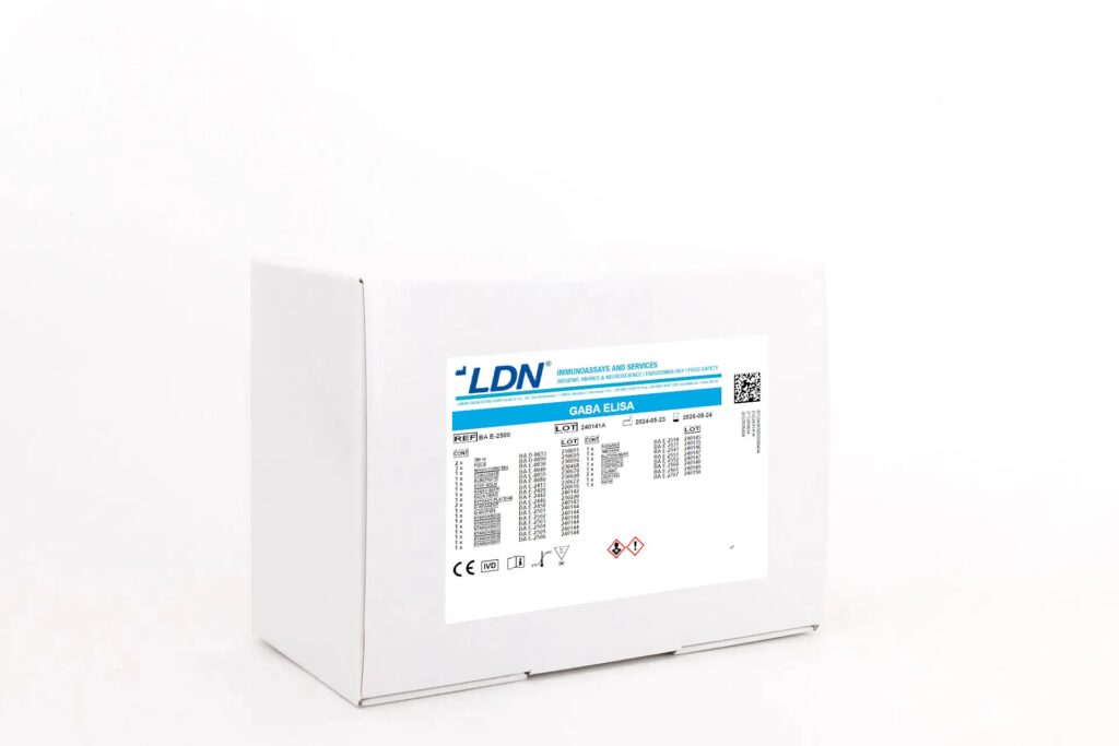 Product box labeled “GABA ELISA” for gamma-aminobutyric acid quantification in scientific research via ELISA.