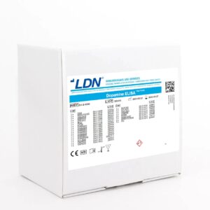 Diagnostic kit from LDN marked "Dopamine ELISA Fast Track," showing batch data and CE IVD certification on a white package.