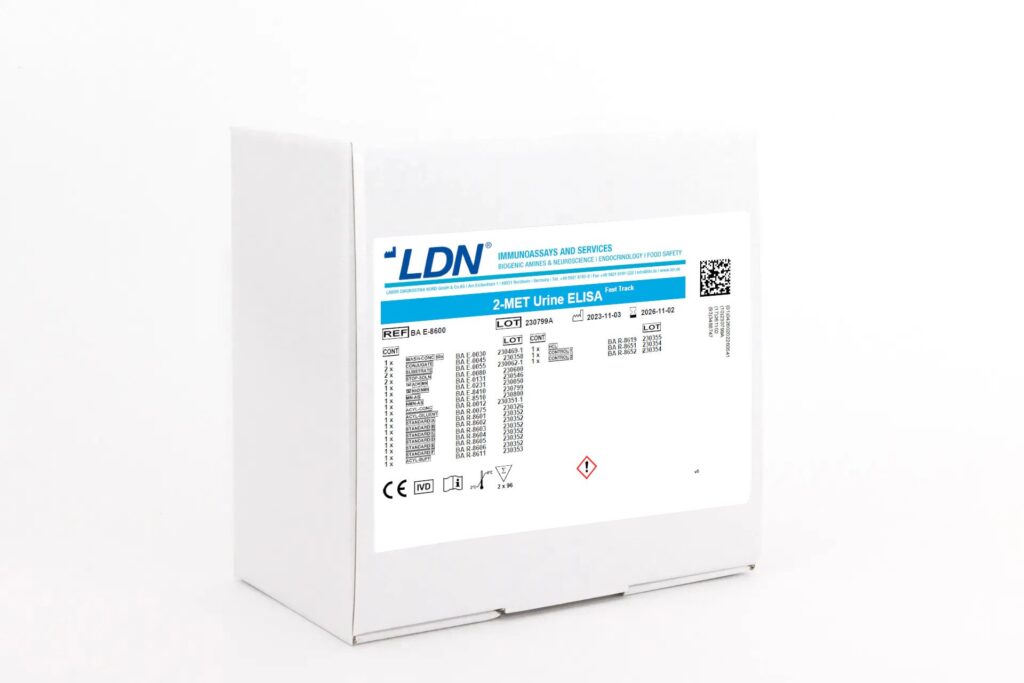 LDN kit labeled “2-MET Urine ELISA Fast Track” designed for analysis of 2-methoxytyramine in urine using ELISA.