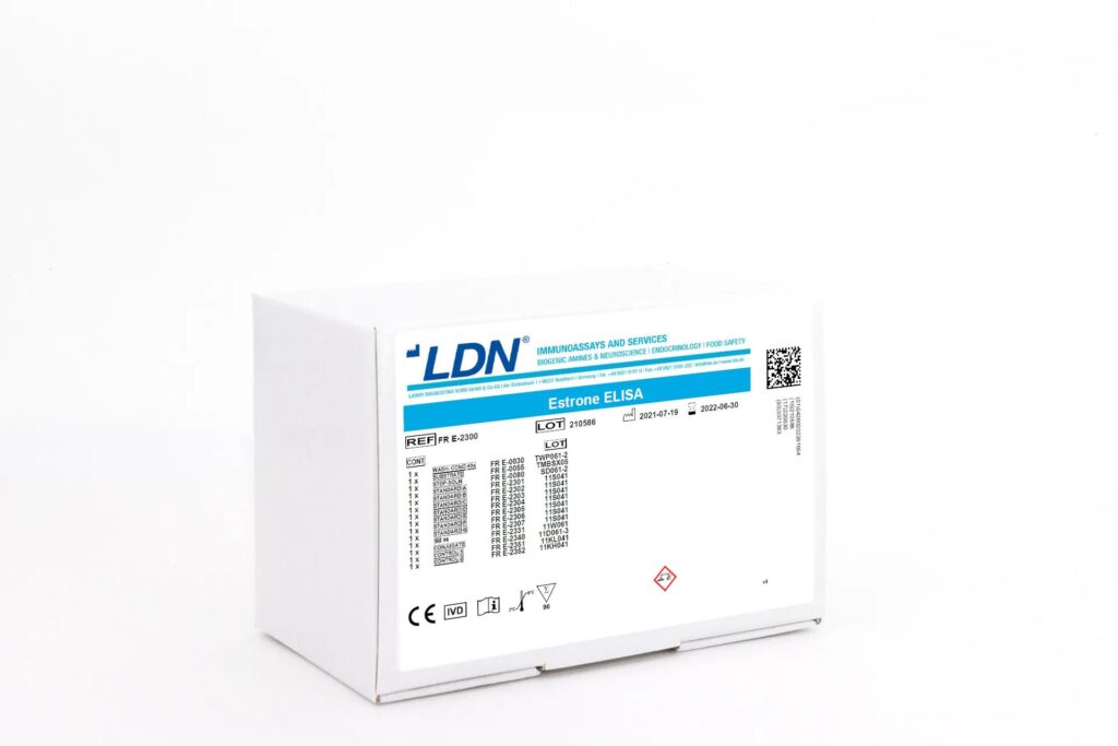 White LDN-branded ELISA kit box labeled 'Estrone ELISA'.