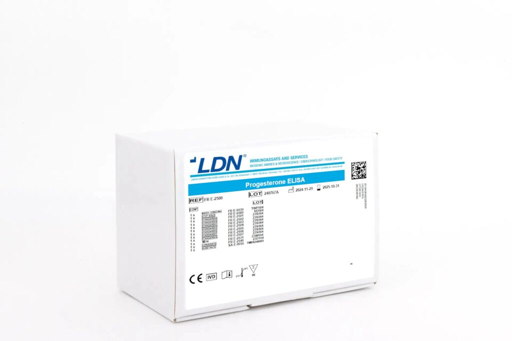 White box for LDN Progesterone ELISA assay, intended for in vitro diagnostic analysis of progesterone. Contains batch and expiry information.
