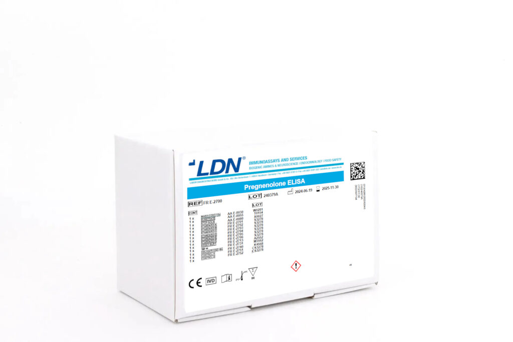 White LDN-branded ELISA kit box labeled 'Pregnenolone ELISA'.