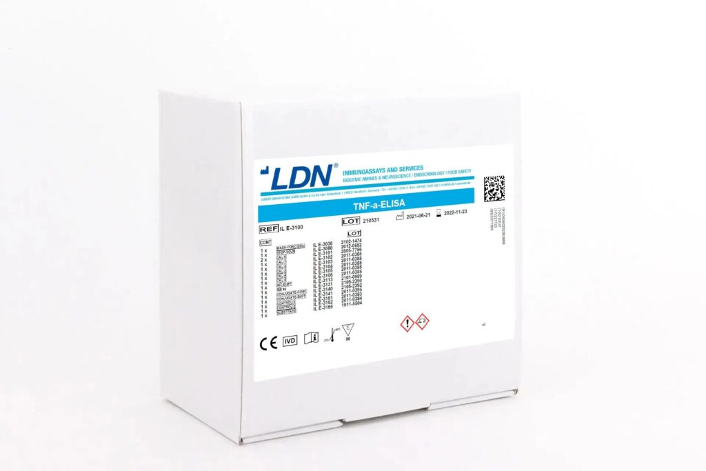 LDN TNF-alpha ELISA kit for detecting tumor necrosis factor alpha levels in sample analysis. The box includes standard labeling and multiple hazard symbols.