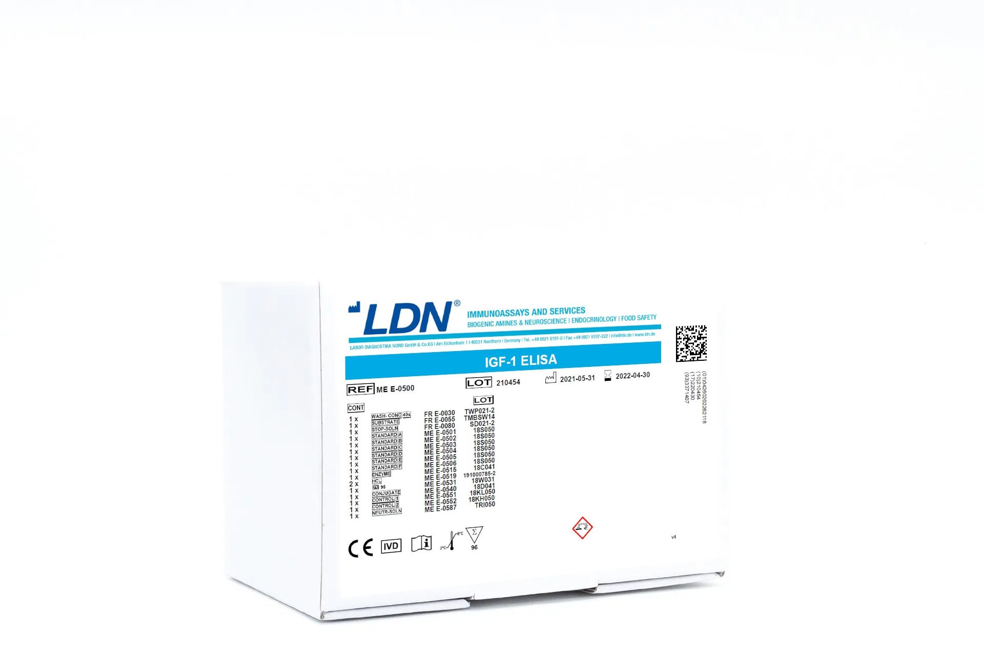 White LDN-branded ELISA kit box labeled 'IGF-1 ELISA'.