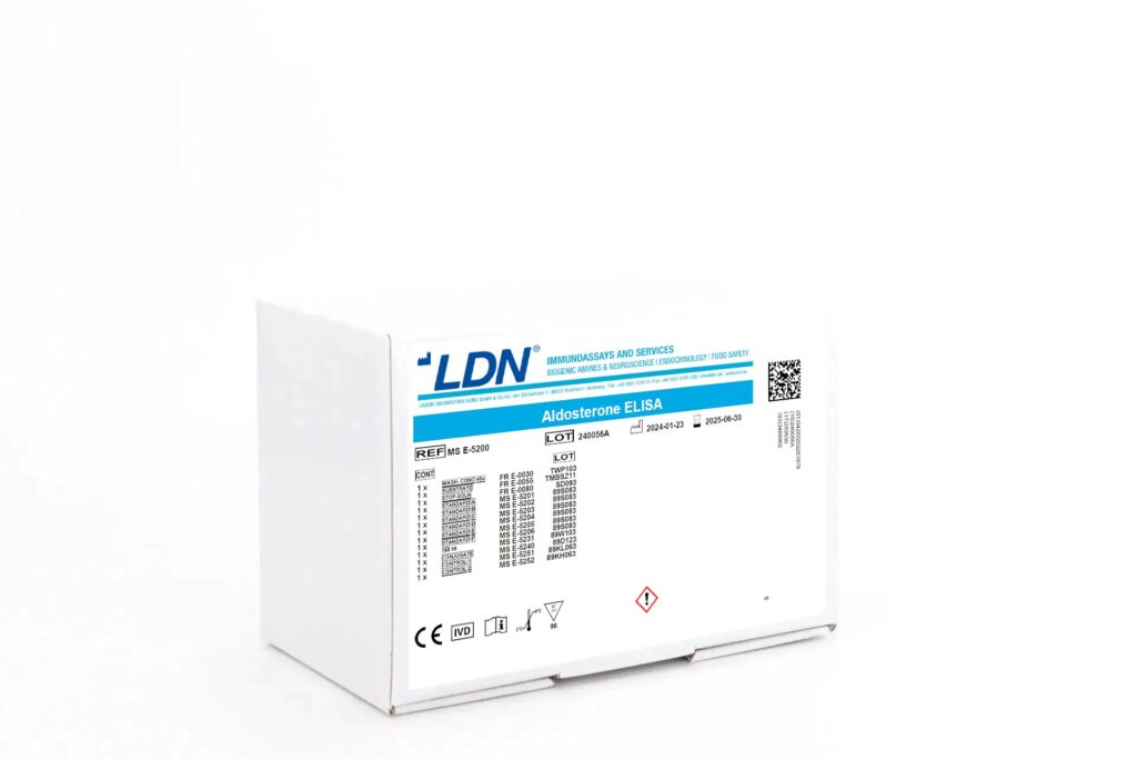 White LDN-branded ELISA kit box labeled 'Aldosterone ELISA'.