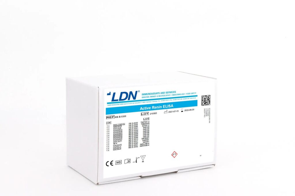 A white box from LDN Diagnostics labeled "Active Renin ELISA," featuring detailed product contents, reference and lot numbers, expiration date, and hazard symbols.