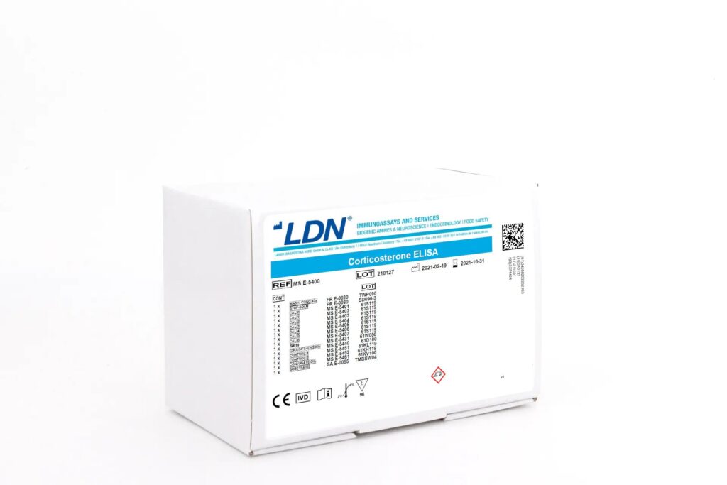 Diagnostic kit box from LDN marked "Corticosterone ELISA," showing its contents list, manufacturing and expiration dates, and product labeling.