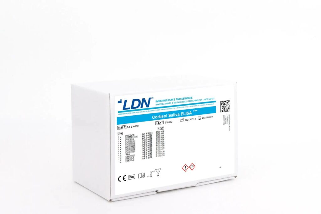 LDN Cortisol Saliva ELISA kit packaging with reference SA E-6000, batch information, and safety symbols.