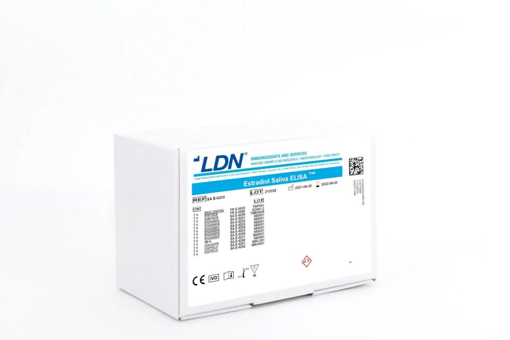 Laboratory kit labeled "LDN Estradiol Saliva ELISA," reference SA E-6200. The white box contains labeling with expiration and manufacturing dates, CE markings, and a list of contents for assay performance.