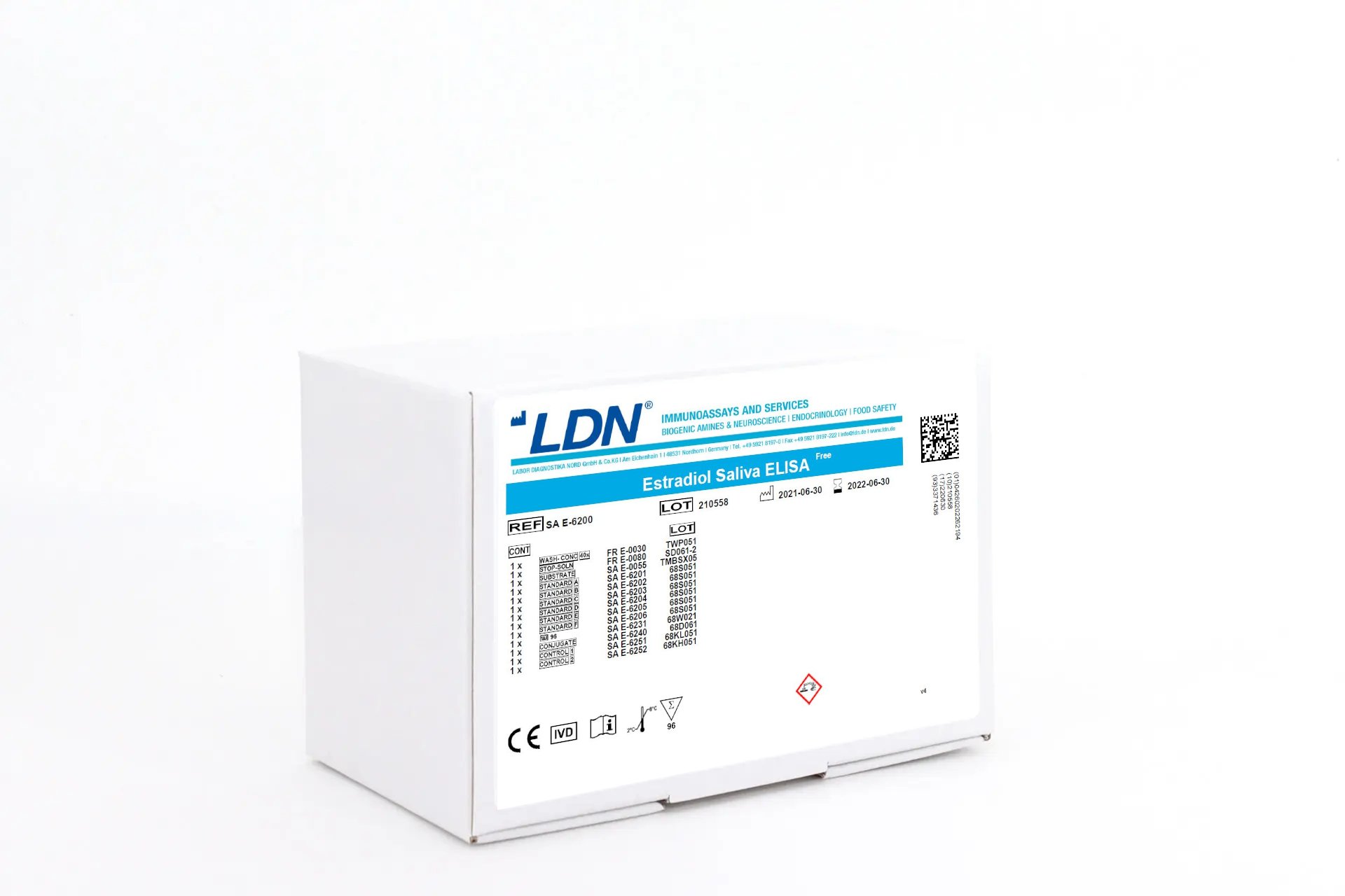Laboratory kit labeled "LDN Estradiol Saliva ELISA," reference SA E-6200. The white box contains labeling with expiration and manufacturing dates, CE markings, and a list of contents for assay performance.