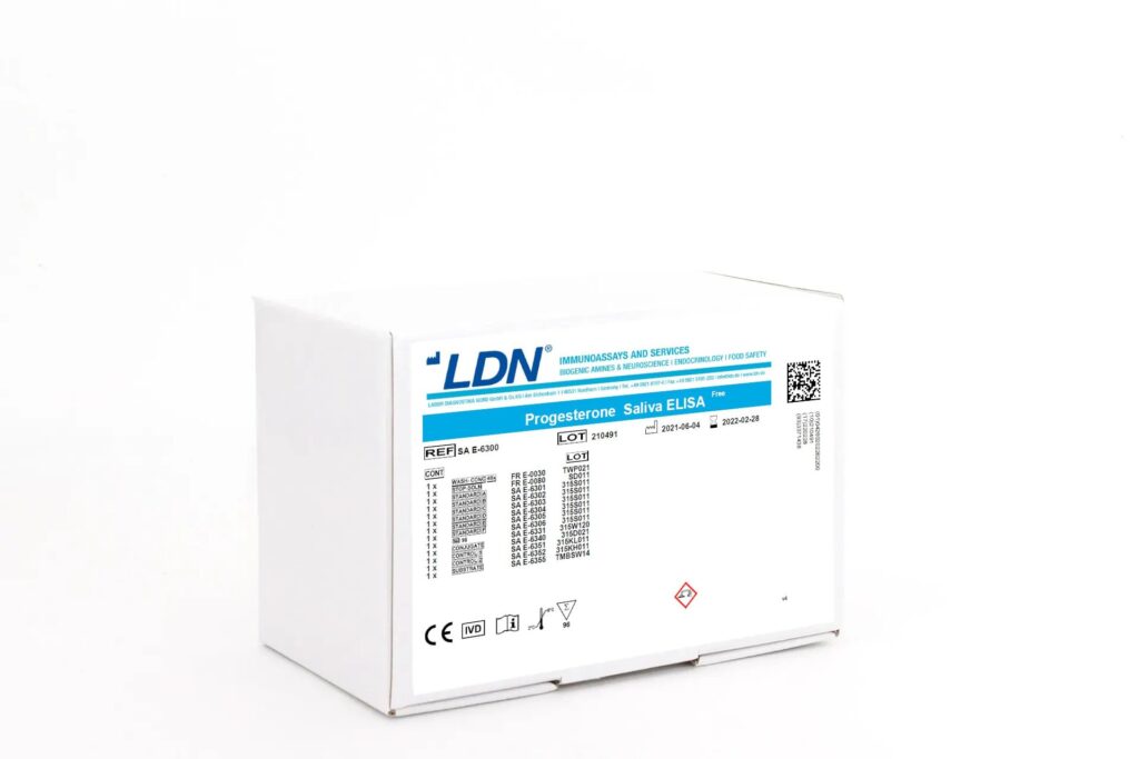 LDN Progesterone Saliva ELISA kit packaging labeled SA E-6300, with included materials listed on the label.