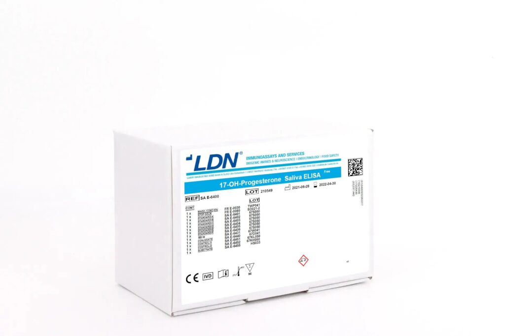 Diagnostic ELISA kit box with the label "LDN 17-OH-Progesterone Saliva ELISA," reference SA E-6400. Displays assay components, production and expiration dates, and regulatory compliance icons on a white package.