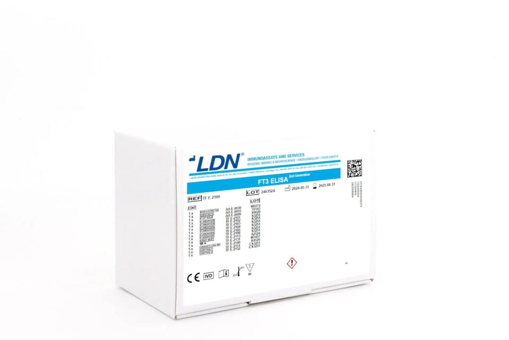 White LDN diagnostic box labeled "FT3 ELISA 2nd Generation" with full content list, reference and lot numbers, and standard hazard labeling.
