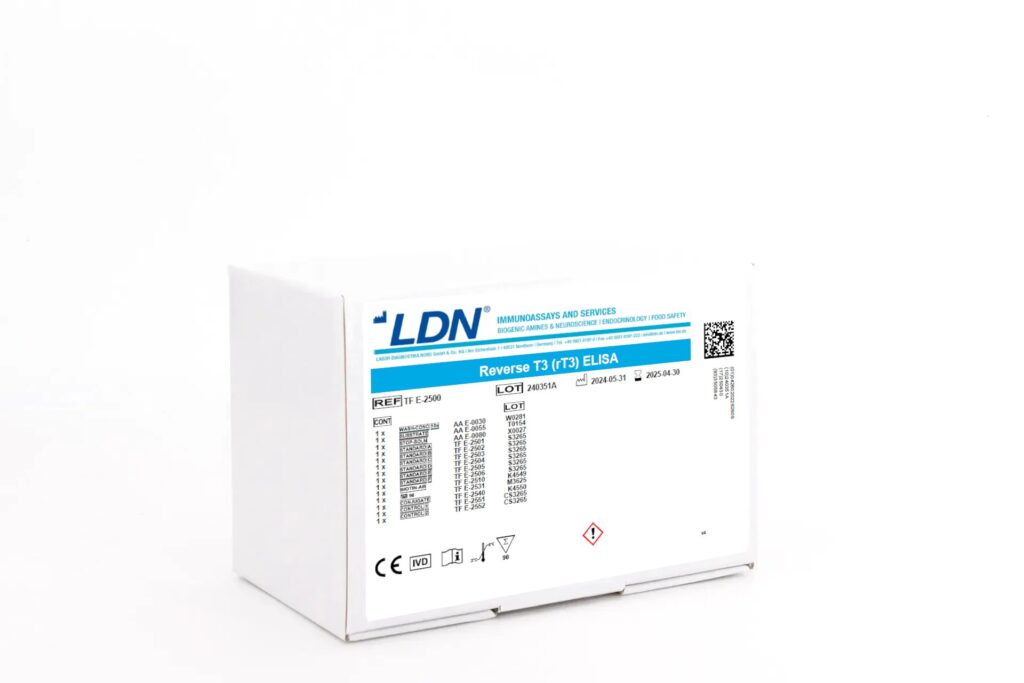 LDN Reverse T3 (rT3) ELISA kit box showing product reference TF E-2500 and detailed content list.