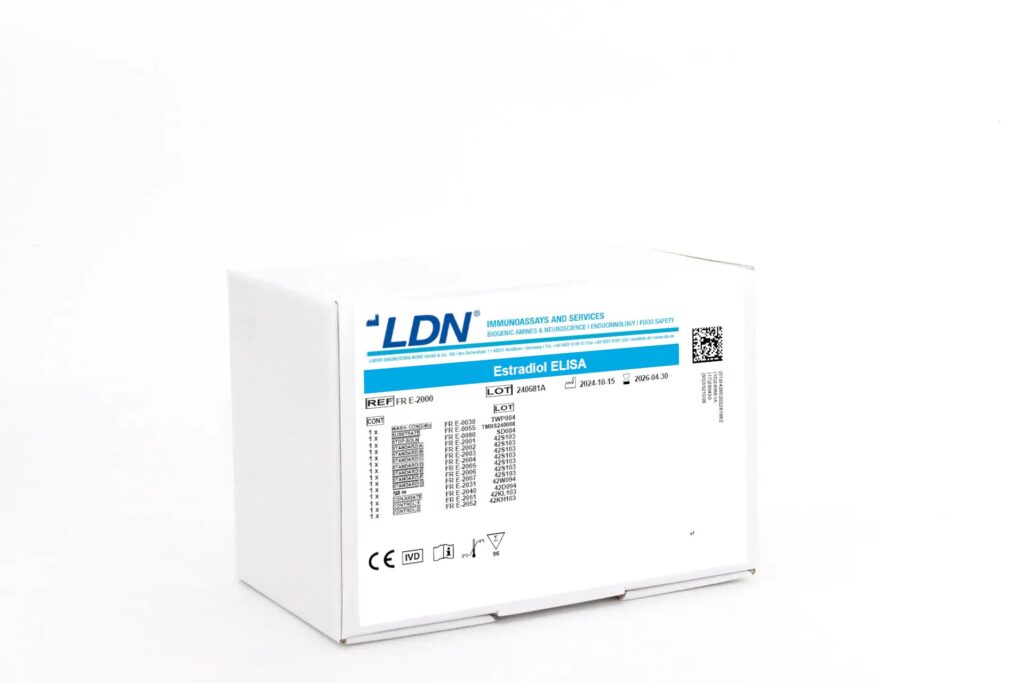 White LDN box for Estradiol ELISA assay, a diagnostic kit used in hormone profiling. Printed expiration and manufacturing dates.