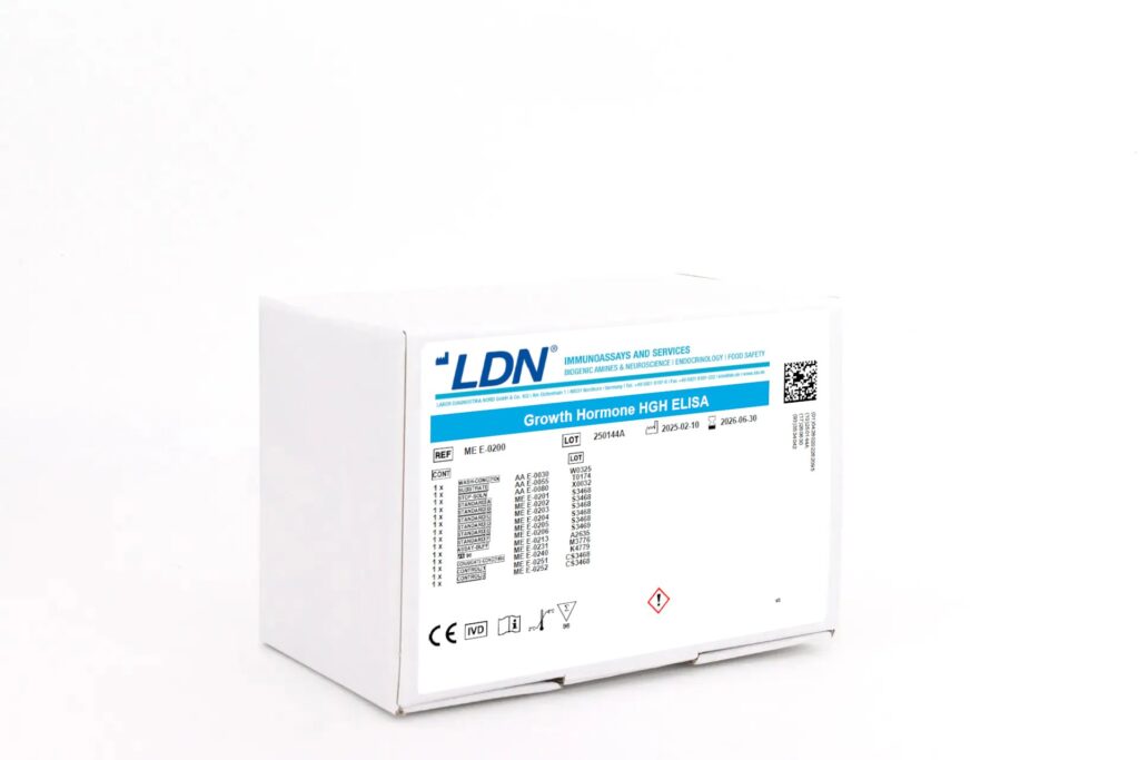 White LDN-branded ELISA kit box labeled 'Growth Hormone HGH ELISA'.