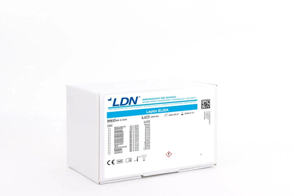 White LDN-branded ELISA kit box labeled 'Leptin ELISA'.