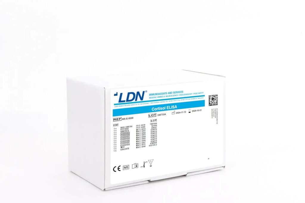 White LDN-branded ELISA kit box labeled 'Cortisol ELISA'