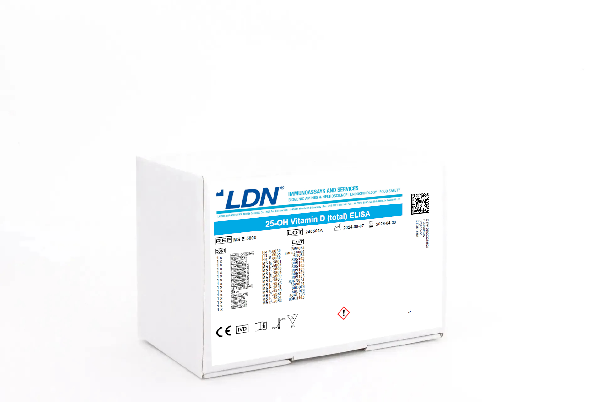 LDN Diagnostics white box labeled "25-OH Vitamin D (total) ELISA," clearly listing kit components, reference number, and hazard symbol.