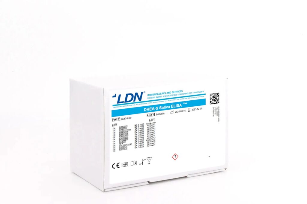 LDN DHEA-S Saliva ELISA kit box with product reference SA E-6500, showing full reagent contents.