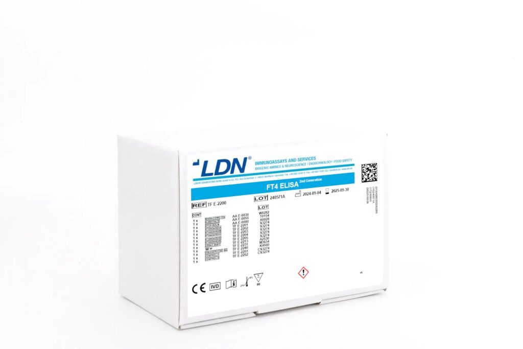 FT4 ELISA 2nd Generation kit box – White diagnostic kit box labeled "FT4 ELISA 2nd Generation," with clear product and safety labeling and detailed inventory of components.