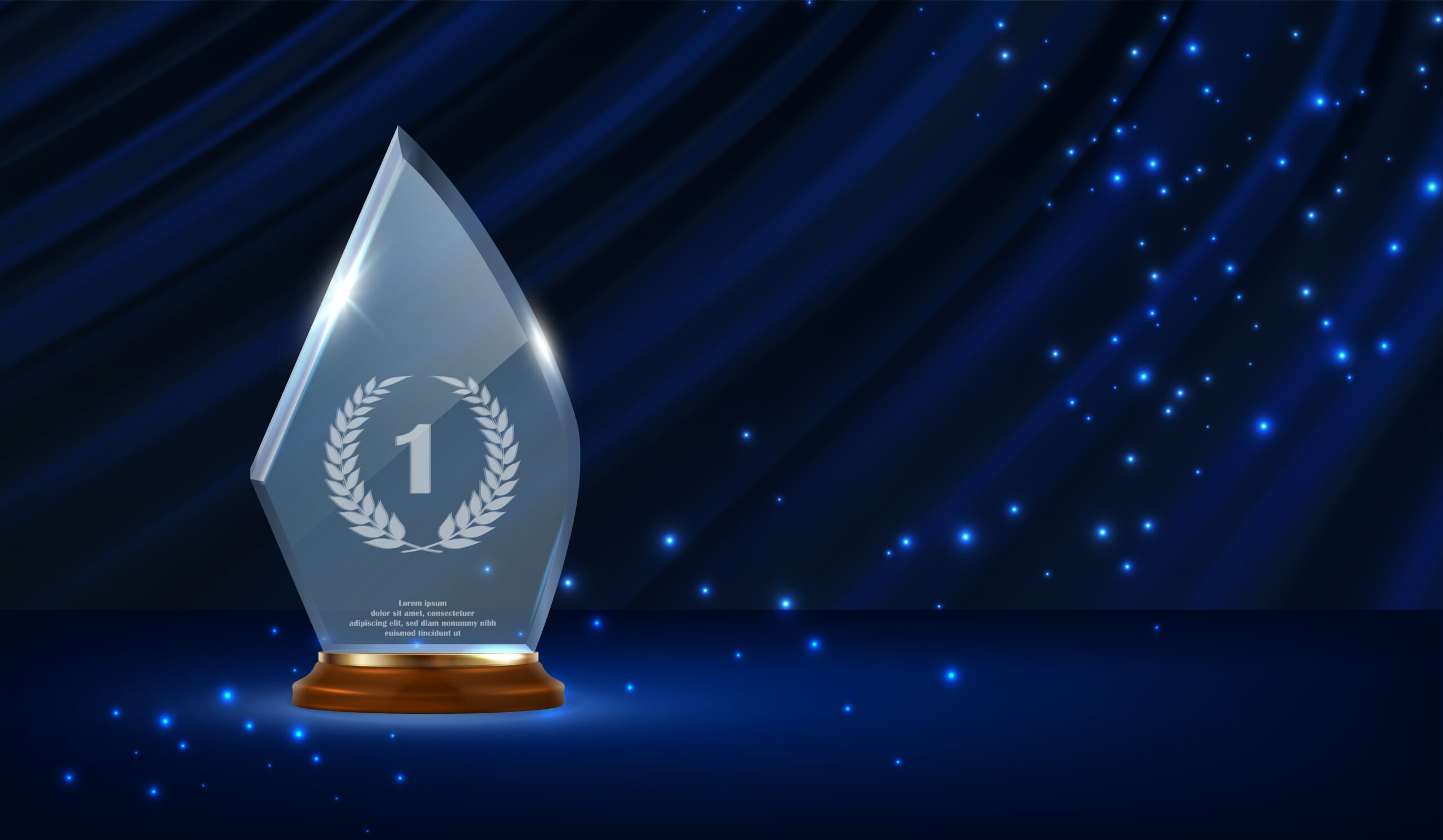3D rendering of a transparent award trophy with a laurel wreath and the number 1, set against a blue starry backdrop.