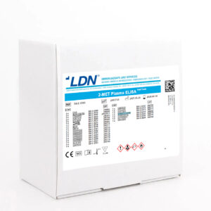 Product image of a white LDN kit box labeled “2-MET Plasma ELISA Fast Track,” with detailed assay information, QR code, and hazard symbols.