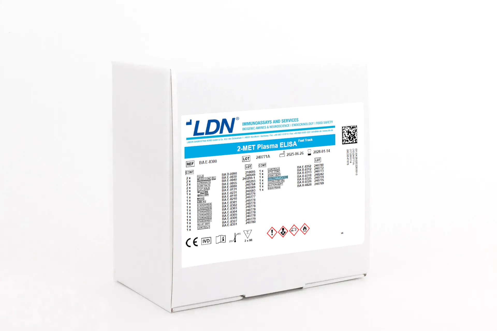 Product image of a white LDN kit box labeled “2-MET Plasma ELISA Fast Track,” with detailed assay information, QR code, and hazard symbols.