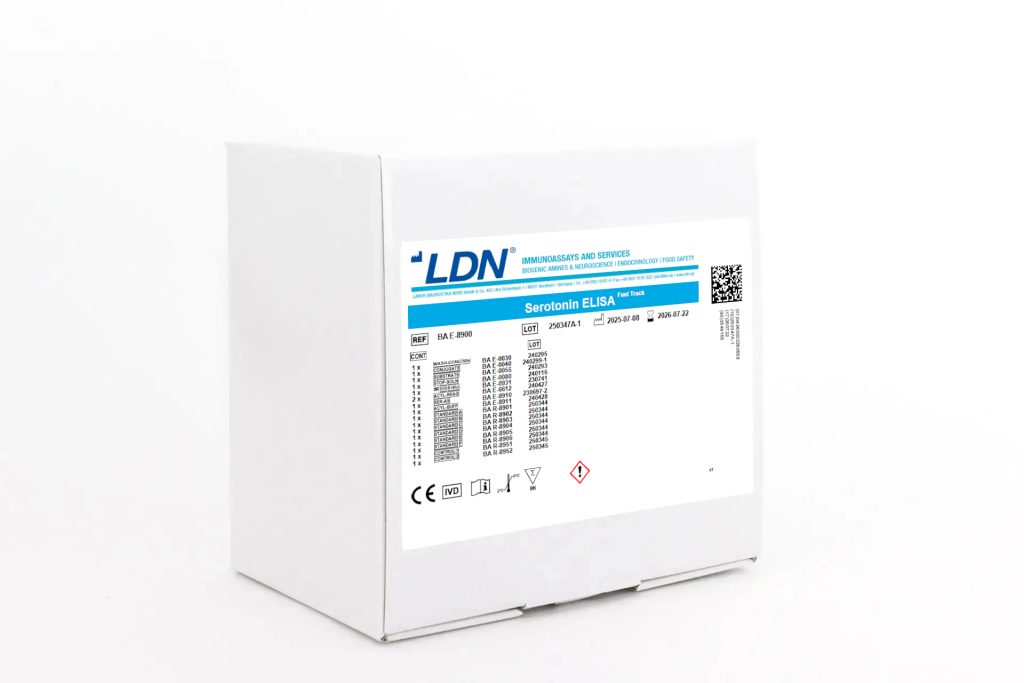 Product image of a white LDN kit box labeled “Serotonin ELISA Fast Track,” featuring detailed labeling, QR code, and safety symbols.