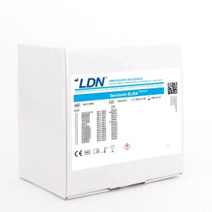 Product image of a white LDN kit box labeled “Serotonin ELISA Fast Track,” featuring detailed labeling, QR code, and safety symbols.