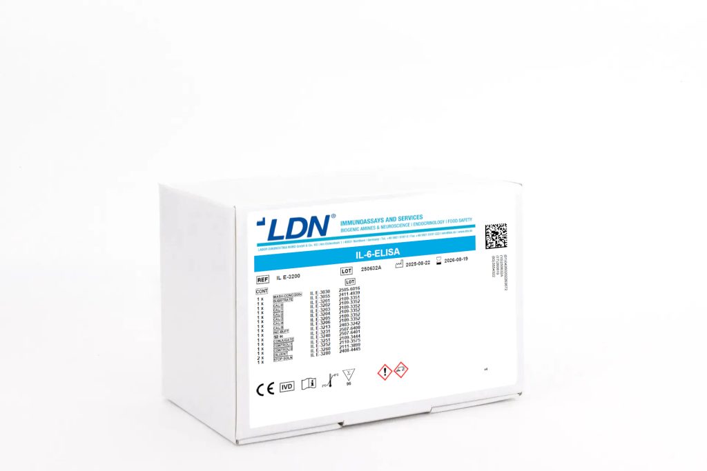 LDN IL-6 ELISA kit for measuring interleukin-6 levels in biological samples. Packaging features CE and IVD markings, storage conditions, and expiry information.